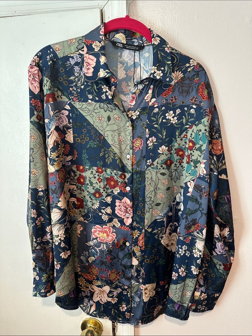 Zara Floral Patchwork Button-Up Shirt - Navy, Sage & Pink